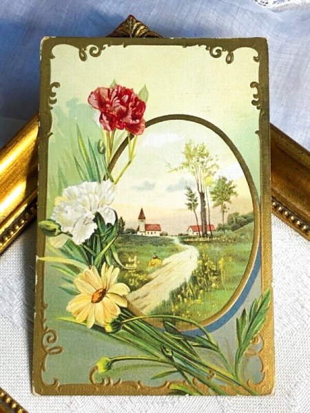 画像2: Postcard   アンティークポストカード カーネーションとデイジーのお花 水辺の風景 アメリカ1910年 (2)