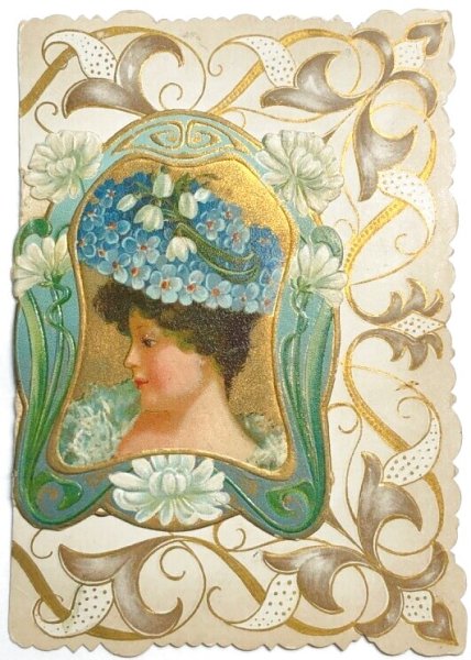 画像1: Vintage card  アンティークカード　忘れな草のお花帽子の女性　 (1)