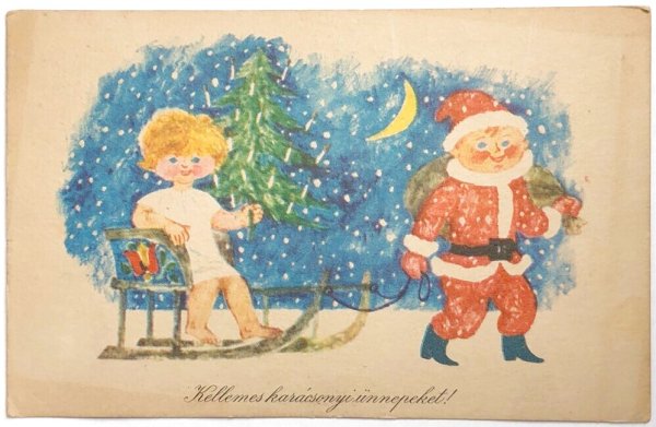 画像1: Postcard　アンティークポストカード　クリスマス　ツリーを運んできたサンタと天使　ハンガリー (1)