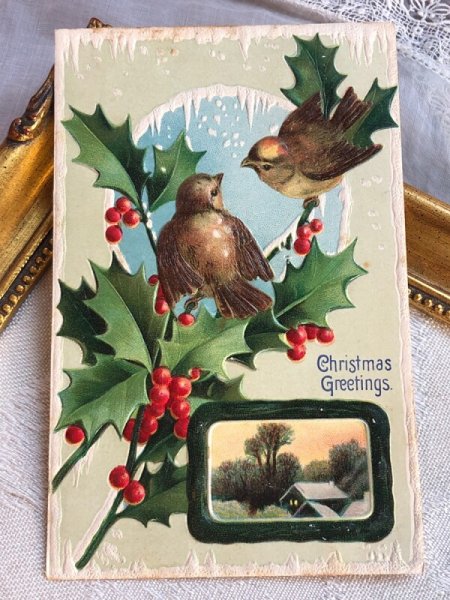画像2: Postcard  アンティークポストカード クリスマス Xmas 小鳥とホーリー 1911年記念切手 (2)