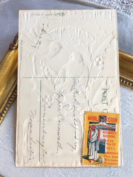 画像3: Postcard  アンティークポストカード クリスマス Xmas 小鳥とホーリー 1911年記念切手 (3)