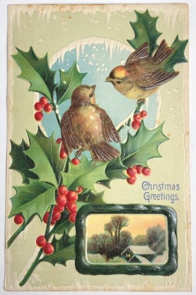 画像1: Postcard  アンティークポストカード　クリスマス　Xmas　小鳥とホーリー　1911年記念切手 (1)