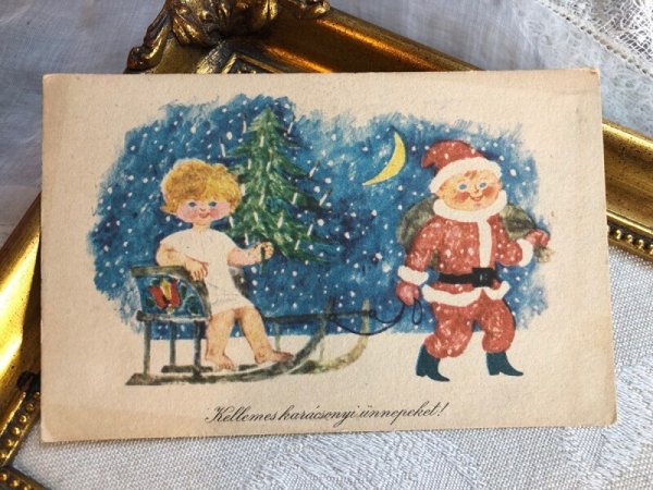 画像2: Postcard　アンティークポストカード　クリスマス　ツリーを運んできたサンタと天使　ハンガリー (2)