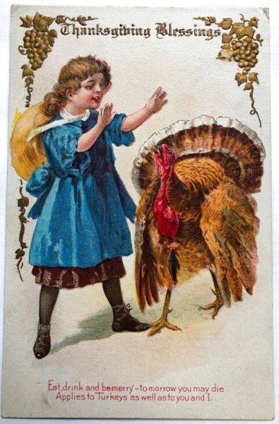 画像1: Postcard 　アンティークポストカード　感謝祭　サンクスギビング　七面鳥と女の子　F.Brundage (1)