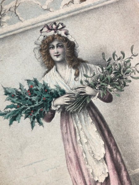 画像3: Greeting card アンティークカード ヤドリギとホーリーを持つ女性 宿り木 ウィーン趣味 R.R.Wichera (3)