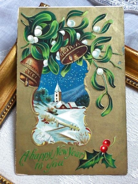 画像2: Postcard  アンティークポストカード　新年祝い　Happy New Year ヤドリギとベル　ホーリー　1909年 (2)