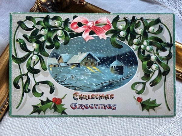 画像2: Postcard  アンティークポストカード　クリスマス　Xmas　ヤドリギと雪景色　宿り木 (2)