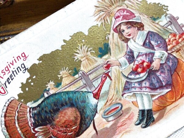 画像3: ▼SALE500▼ Postcard   アンティークポストカード 感謝祭 サンクスギビング 七面鳥と女の子 1912年 (3)