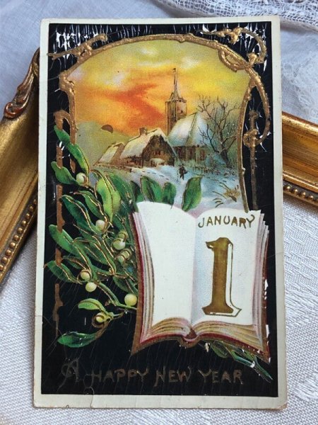 画像2: ▼SALE500▼ Postcard   アンティークポストカード 新年祝い Happy New Year ヤドリギ (2)