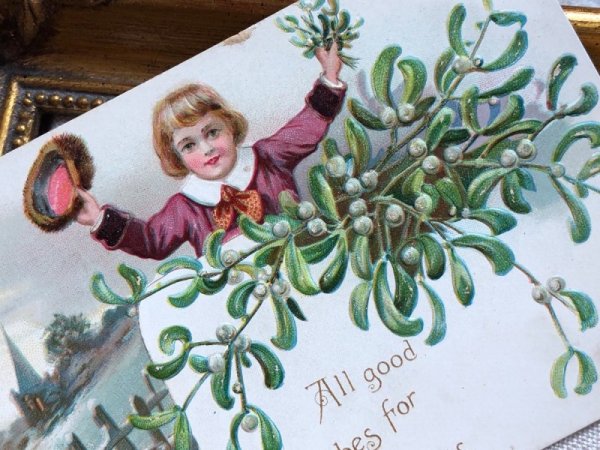 画像3: Postcard  アンティークポストカード　クリスマス　Xmas　ヤドリギと男の子　宿り木　 (3)