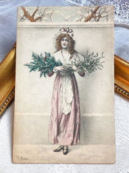 画像2: Greeting card アンティークカード ヤドリギとホーリーを持つ女性 宿り木 ウィーン趣味 R.R.Wichera (2)