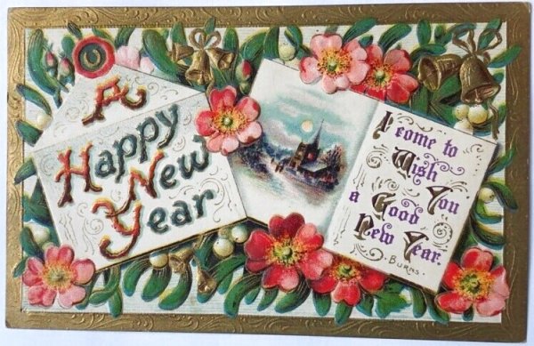 画像1: Postcard  アンティークポストカード　新年祝い　Happy New Year ヤドリギとプリムローズのお花 (1)