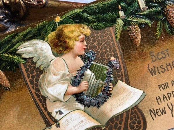 画像3: Postcard   アンティークポストカード 新年祝い Happy New Year 天使と竪琴 キャンドル Ellen Clapsaddle (3)