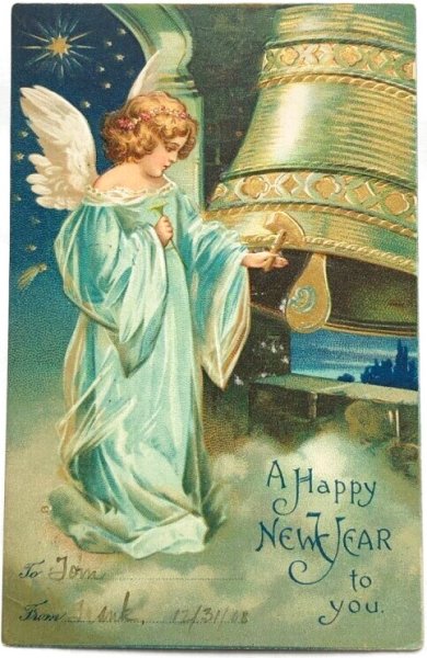 画像1: Postcard  　アンティークポストカード　新年祝い　Happy New Year 天使とベル　Ellen Clapsaddle　1908年 (1)