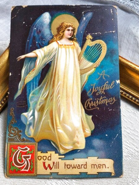 画像2: Postcard   アンティークポストカード クリスマス Christmas  ハープを持つ天使 Ellen Clapsaddle 1909年 (2)
