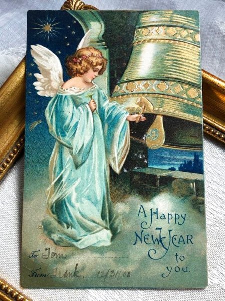 画像2: Postcard   アンティークポストカード 新年祝い Happy New Year 天使とベル Ellen Clapsaddle 1908年 (2)