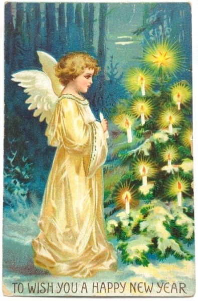 画像1: Postcard  　アンティークポストカード　新年祝い　Happy New Year 天使とツリーのキャンドル　Ellen Clapsaddle　1908年 (1)