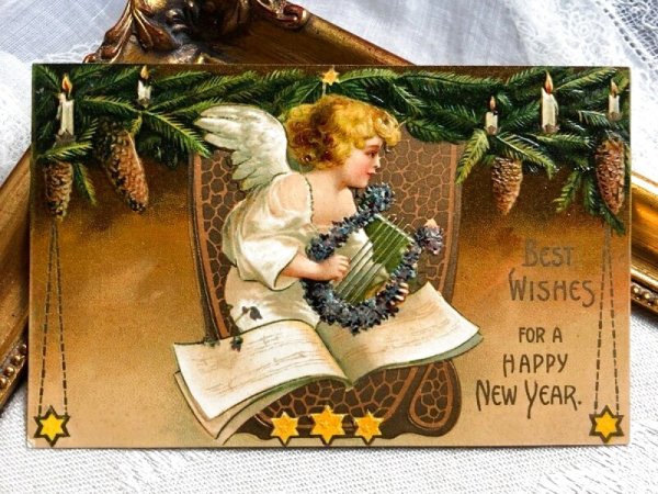 画像2: Postcard   アンティークポストカード 新年祝い Happy New Year 天使と竪琴 キャンドル Ellen Clapsaddle (2)