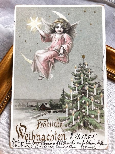 画像2: Postcard   アンティークポストカード クリスマス Christmas  月に座る天使 ツリー ドイツ1906年 (2)