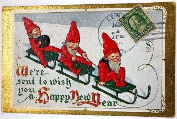 画像1: Postcard  　アンティークポストカード　新年祝い　Happy New Year 　ソリ滑りをする小人妖精たち (1)