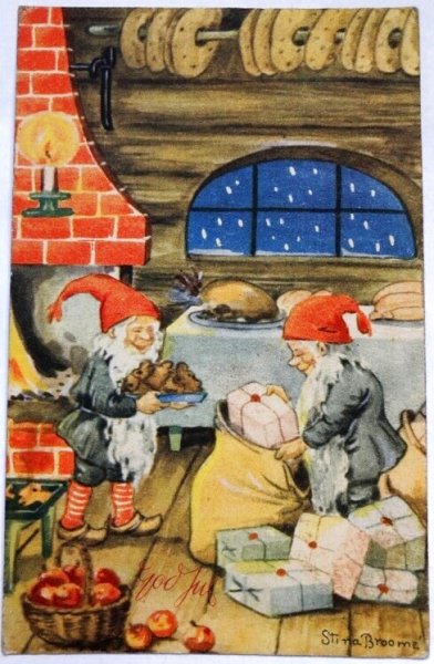 画像1: Postcard  　アンティークポストカード　クリスマス　Christmas プレゼントを用意する小人妖精たち　Stima Broome ノルウェー1949年 (1)