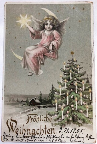画像1: Postcard  　アンティークポストカード　クリスマス　Christmas 　月に座る天使　ツリー　ドイツ1906年 (1)