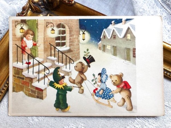 画像2: Postcard   アンティークポストカード クリスマス Christmas  遊びに来たよ♪ テディベアとお人形 Monique Martin (未使用) (2)