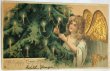 画像1: Postcard  　アンティークポストカード　クリスマス　Christmas  ツリーのキャンドルに火を灯す天使 (1)