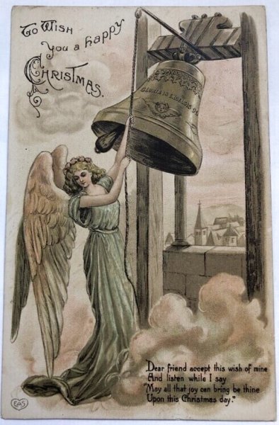 画像1: Postcard  　アンティークポストカード　クリスマス　Christmas 　ベルをならす天使　1912年 (1)