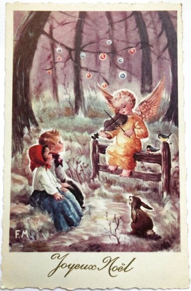 画像1: Postcard  　アンティークポストカード　クリスマス　Christmas  天使の演奏会　バイオリン　ウサギ　フランス (1)