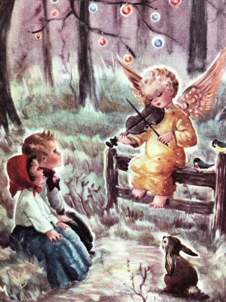 画像3: Postcard   アンティークポストカード クリスマス Christmas  天使の演奏会 バイオリン ウサギ フランス (3)