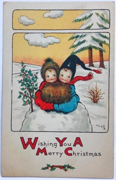 画像1: Postcard　アンティークポストカード　クリスマス 　雪の上の子どもたち　アメリカ1918年 (1)