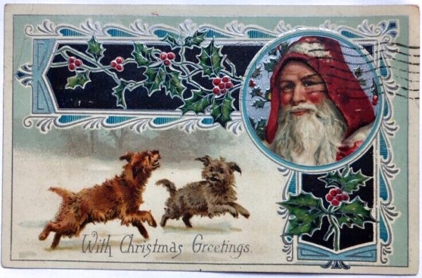 画像1: Postcard　アンティークポストカード　クリスマス　2匹の犬とサンタクロース　アメリカ1908年 (1)