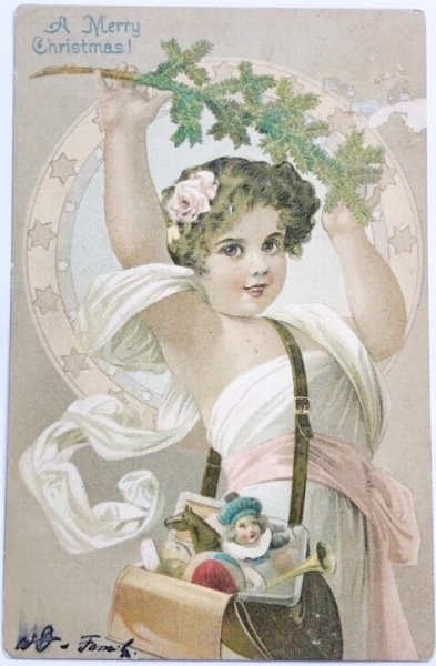 画像1: Postcard　アンティークポストカード　クリスマス 　プレゼントを配る天使の女の子　1906年 (1)