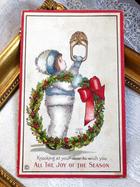画像2: Postcard アンティークポストカード クリスマス ドアをノックする子ども リース (2)