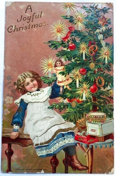 画像1: Postcard　アンティークポストカード　クリスマス 　ツリーとお人形さんと女の子　1912年 (1)