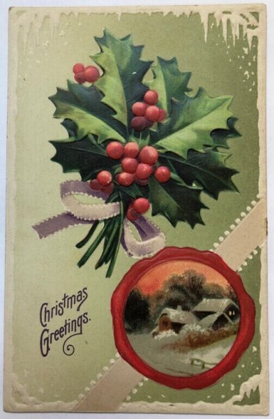 画像1: Postcard  アンティークポストカード　クリスマス　ホーリーと雪景色の家 (1)