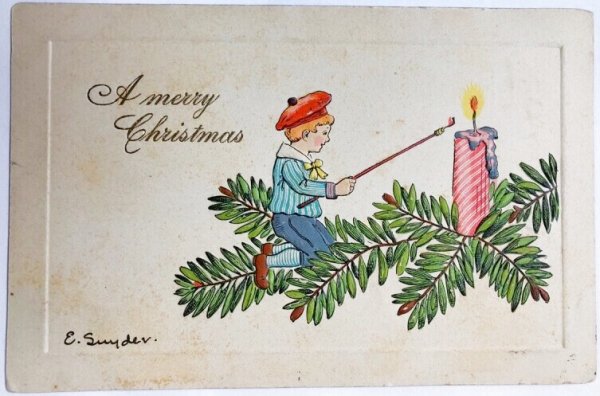 画像1: Postcard  アンティークポストカード　クリスマス　キャンドルに火を灯す男の子　アメリカ1907年 (1)