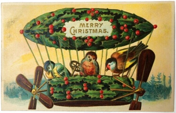 画像1: Postcard  アンティークポストカード　クリスマス　気球船を操縦する小鳥　ロビン　フィンチ　アメリカ1910年 (1)