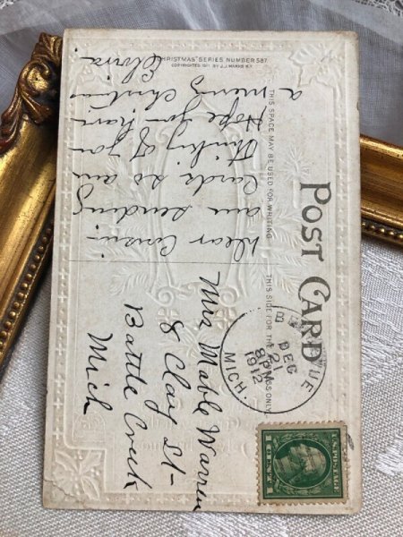 画像4: Postcard  アンティークポストカード　クリスマス　教会の雪景色　キャンドル　アメリカ1912年 (4)