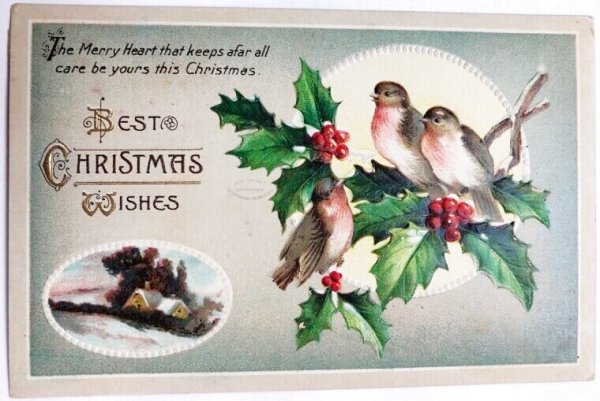 画像1: Postcard  アンティークポストカード　クリスマス　小鳥とホーリー　アメリカ1910年 (1)