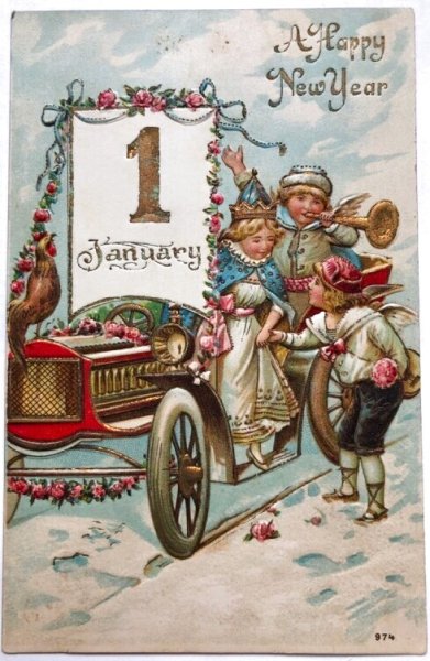 画像1: Postcard  　アンティークポストカード　新年祝い　New Year　新年の祝杯を挙げる天使　自動車　 (1)