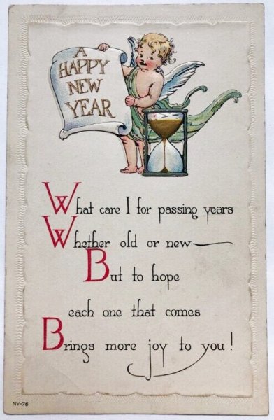 画像1: Postcard  　アンティークポストカード　新年祝い　New Year　新年を告げる天使　 (未使用) (1)