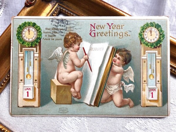 画像2: Postcard   アンティークポストカード 新年祝い New Year 2人の天使と時計 (2)