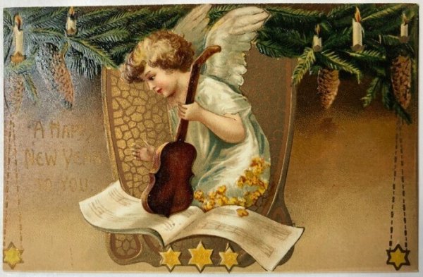 画像1: Postcard  　アンティークポストカード　新年祝い　New Year　バイオリンと天使　キャンドル　カラ松　Ellen Clapsaddle　 (1)