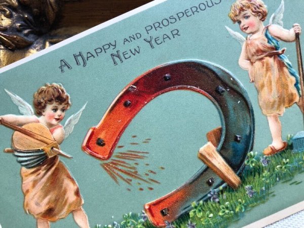 画像3: Postcard   アンティークポストカード 新年祝い New Year 大きな馬蹄と天使  (3)