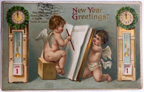 画像1: Postcard  　アンティークポストカード　新年祝い　New Year　2人の天使と時計 (1)