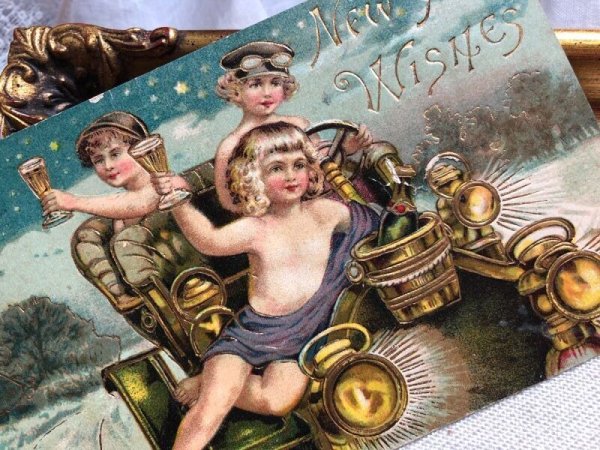 画像4: Postcard   アンティークポストカード 新年祝い New Year 自動車で祝杯を挙げる3人の天使 1910年 (4)