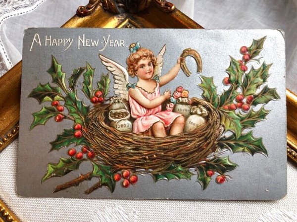 画像2: Postcard  　アンティークポストカード　新年祝い　New Year　鳥の巣の中の天使　ホーリー　1908年 (2)