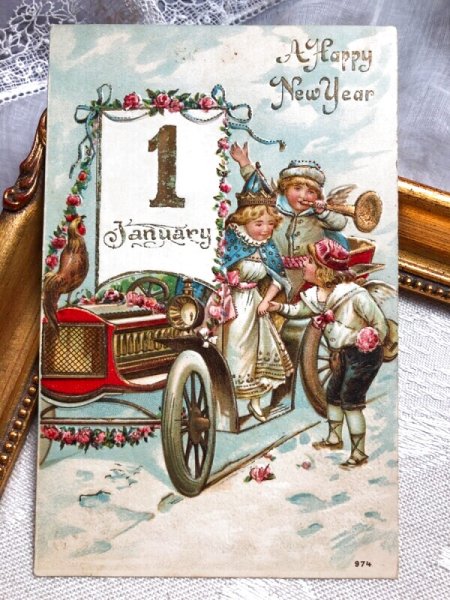 画像2: Postcard   アンティークポストカード 新年祝い New Year 新年の祝杯を挙げる天使 自動車  (2)
